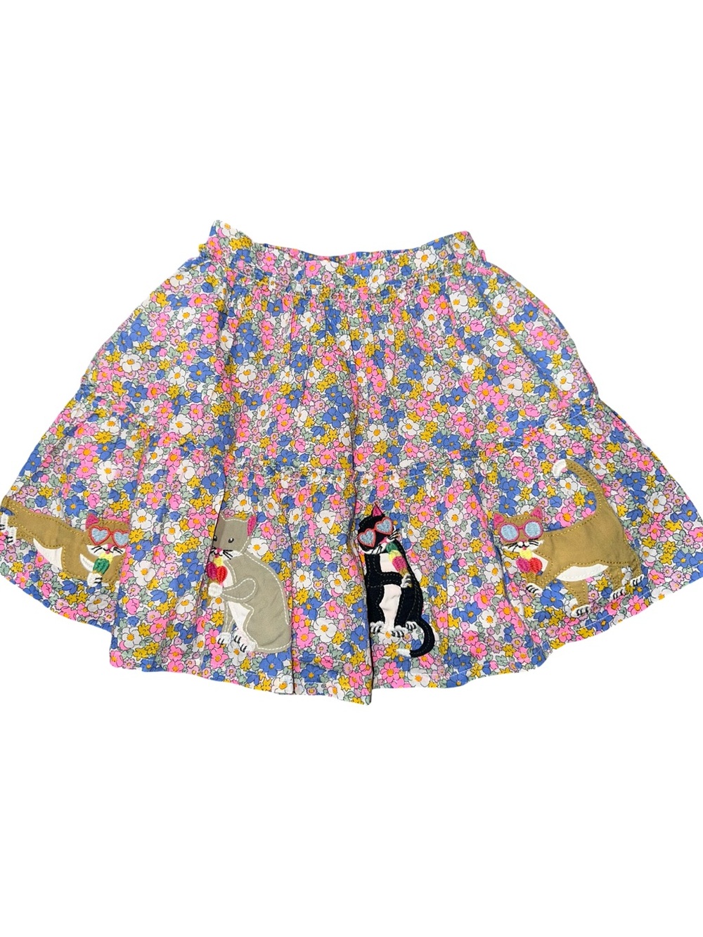 Mini Boden Girls Size 6 7 Pink Blue Floral Cat Appliqués Circle Skirt